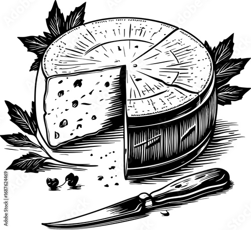 Handcrafted cheese wheel and wedge. Outline vector illustration isolated on white