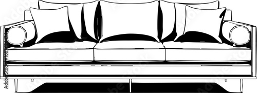 Classic modern sofa with square cushions. Outline vector illustration isolated on white
