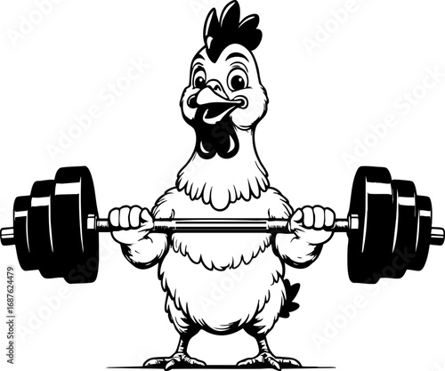 Comical chicken lifting weights outline vector in fitness parody style