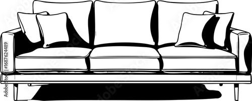 Classic modern sofa with square cushions. Outline vector illustration isolated on white