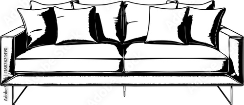 Classic modern sofa with square cushions. Outline vector illustration isolated on white