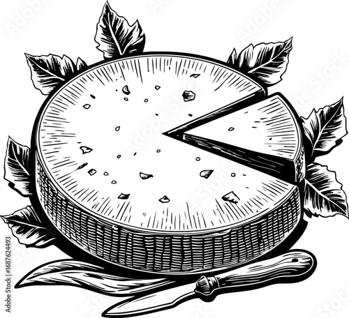 Handcrafted cheese wheel and wedge. Outline vector illustration isolated on white