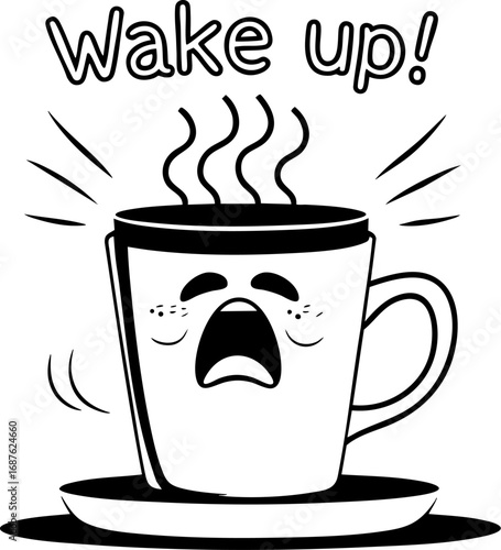 Coffee cup shouting at tired person – outline vector humor concept