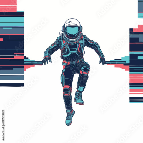 Outline vector of time traveler jumping across fractured timeline glitch-inspired minimal design