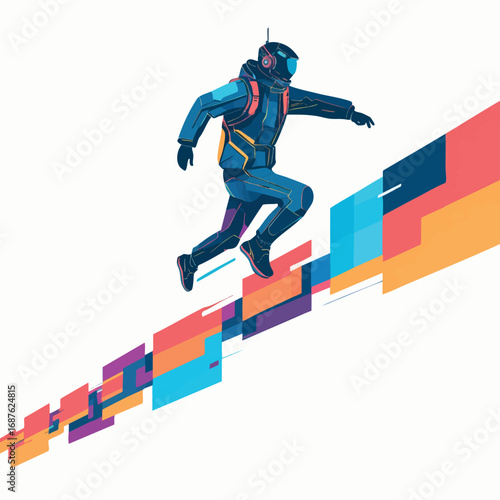 Outline vector of time traveler jumping across fractured timeline glitch-inspired minimal design