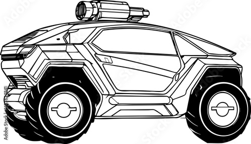 Futuristic hover vehicle in outline style. Side view vector illustration isolated on white