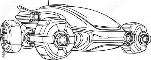 Futuristic hover vehicle in outline style. Side view vector illustration isolated on white