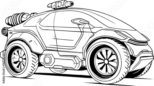 Futuristic hover vehicle in outline style. Side view vector illustration isolated on white