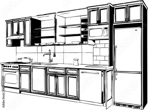 Galley kitchen layout with dual zones. Outline vector illustration isolated on white