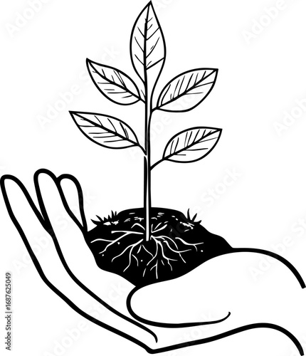 Hand holding tree sapling. Sustainable living outline vector illustration isolated on white