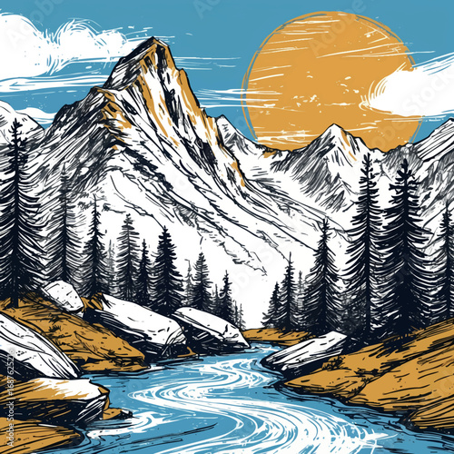 Handcrafted mountain landscape with trees and river. Outline vector illustration isolated on white
