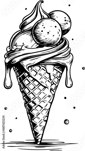 Melting ice cream cone in handcrafted sketch style. Outline vector illustration isolated on white