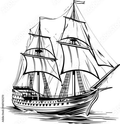 Historic sailing ship with tall masts. Outline vector illustration isolated on white