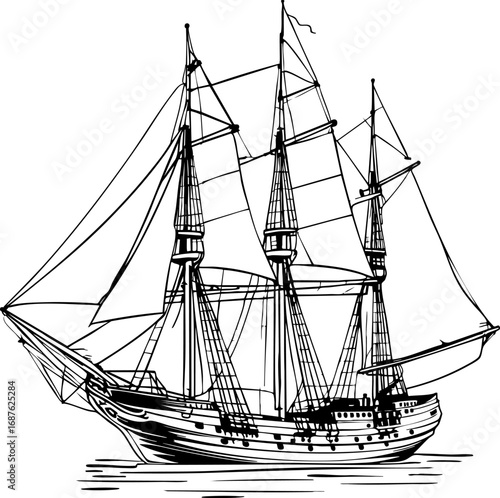Historic sailing ship with tall masts. Outline vector illustration isolated on white
