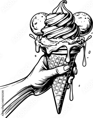 Melting ice cream cone in handcrafted sketch style. Outline vector illustration isolated on white