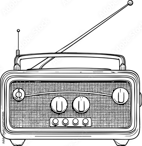 Outline vector of vintage 1950s radio with knobs and antenna in retro style