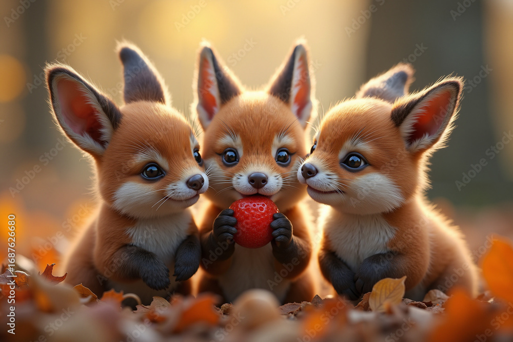 Obraz premium Three playful fox cubs sharing a red ball in autumn leaves 
