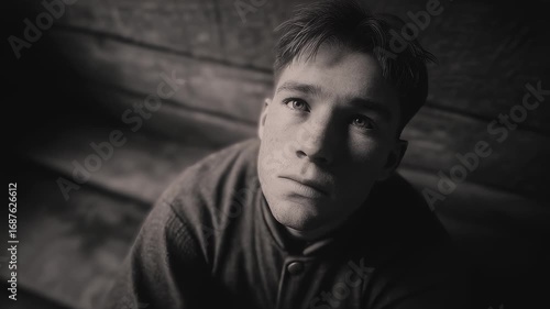 Black and white close-up of a hopeful person looking up