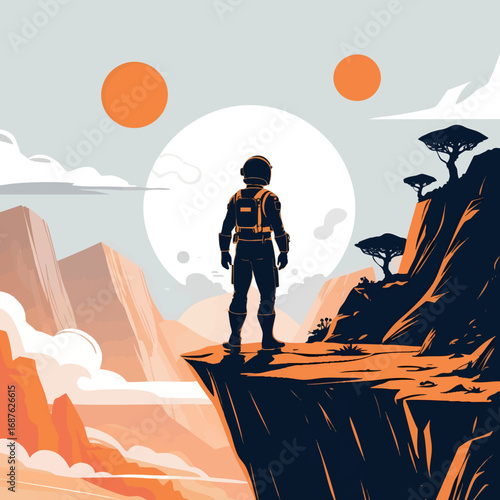 Lone explorer viewing alien world — outline vector of uncharted realm