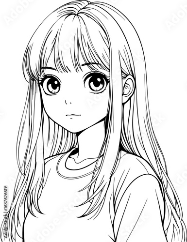Outline anime girl with big eyes and long hair kawaii vector character isolated on white