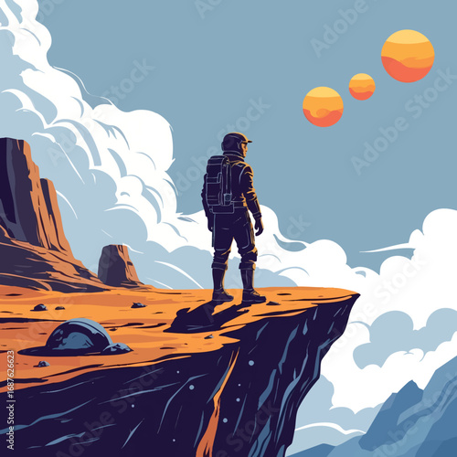 Lone explorer viewing alien world — outline vector of uncharted realm