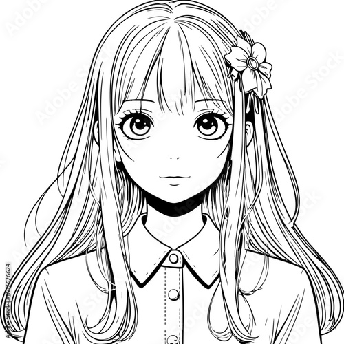 Outline anime girl with big eyes and long hair kawaii vector character isolated on white