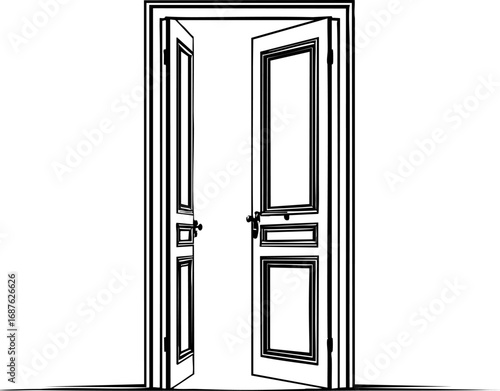 Outline vector of open door with light as metaphor for new beginnings minimalist style