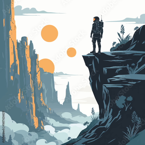 Lone explorer viewing alien world — outline vector of uncharted realm