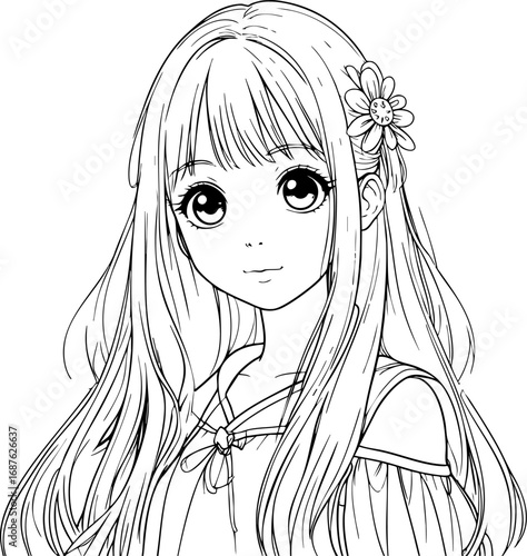 Outline anime girl with big eyes and long hair kawaii vector character isolated on white