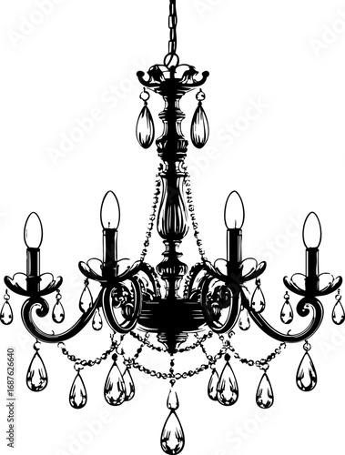 Baroque chandelier outline vector with crystal details and ornate arms