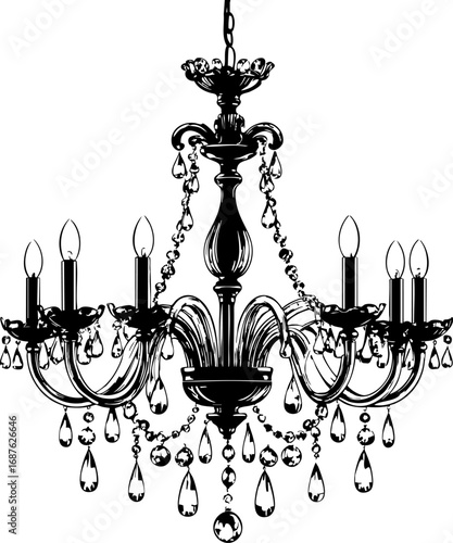 Baroque chandelier outline vector with crystal details and ornate arms