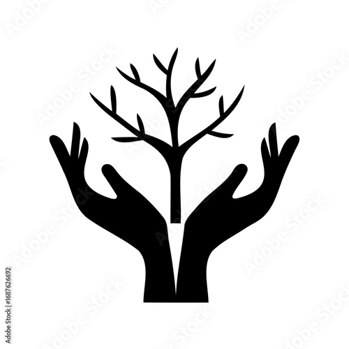 Hands cradle a leafless tree, a symbol of environmental care and protection