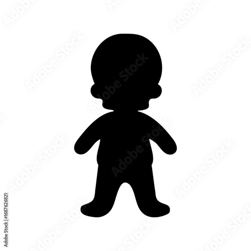 Black silhouette of a stout toddler, chubby baby standing upright, isolated