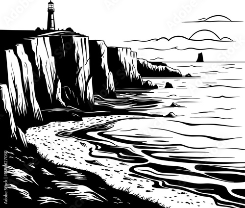 Outline vector of coastal cliffs and lighthouse minimalist landscape illustration
