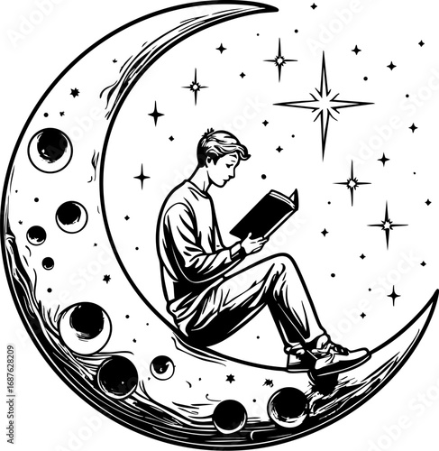 Escapism through reading — surreal moon reader outline vector illustration