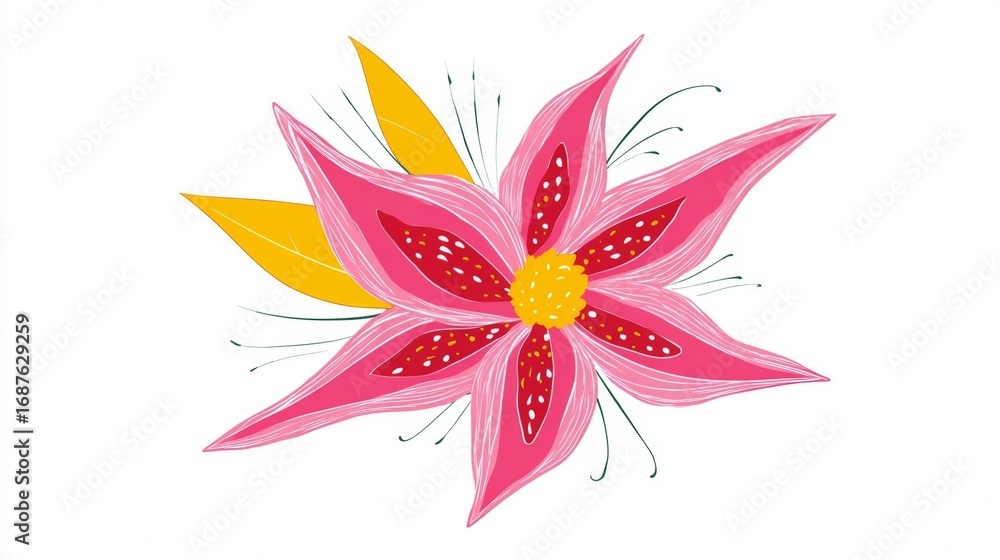 Obraz premium Vibrant Pink Flower Illustration with Yellow Center and Leaves.