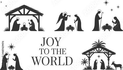 Nativity scene Christmas religious symbols, Holy family with baby Jesus, angel, shepherd, manger, Christmas joy, faith, winter celebration, Christmas season, flat vector illustration