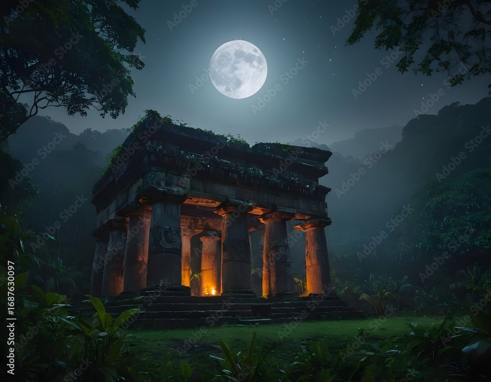 Fototapeta premium Mysterious Ancient Temple in a Moonlit Jungle - Cinematic Fantasy Scene