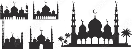 Silhouette of Islamic mosques with crescent moons, minarets, palm trees, traditional Middle Eastern architecture, religious landmarks, cultural symbols, spirituality, flat vector illustration