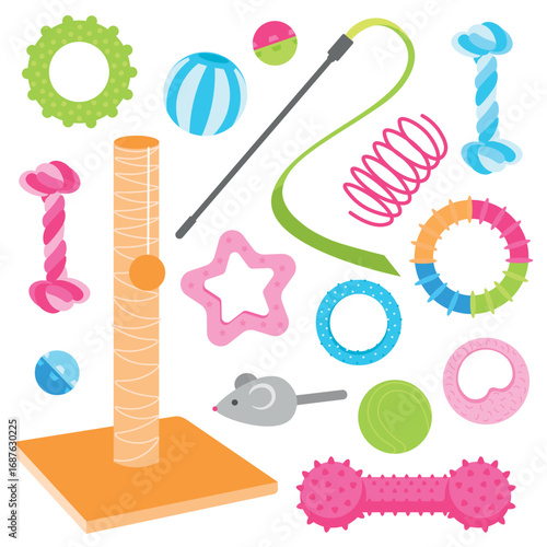 Set of colorful pet toys for cats and dogs. Scratching post, balls, chew bones, mouse toy, rope and accessories for playing with pets. Vector illustration for pet shop