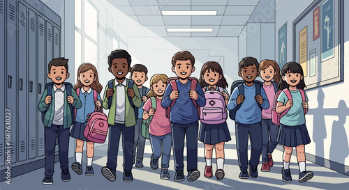 Happy school children walking school hallway together. Students with backpacks stroll down corridor. Joyful kids group in school hallway. This illustration is perfect for back to school announcements.