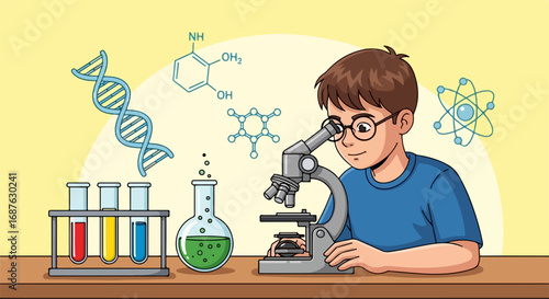 Young boy scientist using microscope for experiment. Child exploring science with test tubes and beakers. Educational science illustration for kids learning about chemistry and biology.