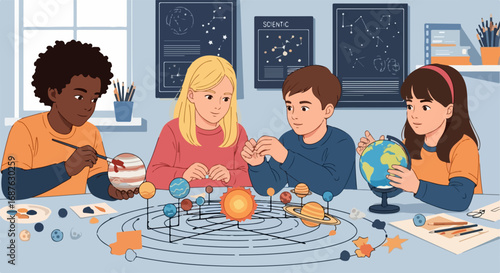 Kids learning solar system with planets model. Group of children creating educational craft project. Creative classroom activity for astronomy lesson.