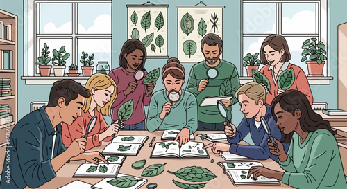 Botany class students examine plant leaves with magnifying glasses. Students study leaf samples using botanical books and charts.  Botany class provides educational experience for students.