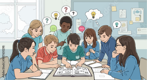 Diverse group of school children collaborating on a project. Students working together, sharing ideas and brainstorming solutions.