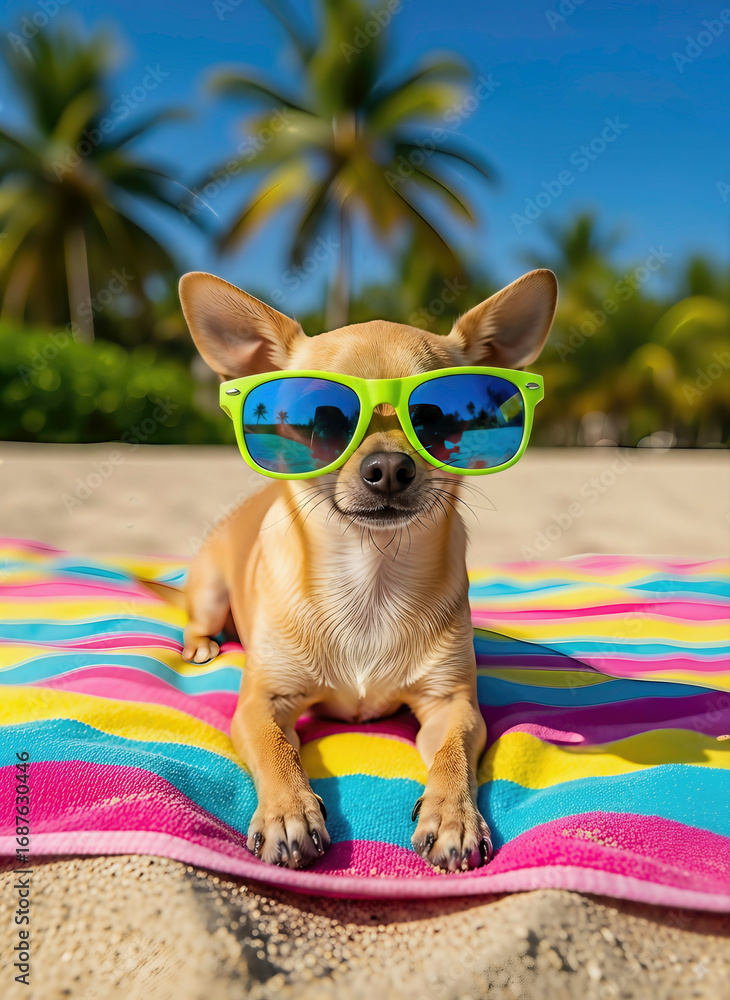 Fototapeta premium Chihuahua dog relaxing on beach towel wearing sunglasses. A fun summer image capturing relaxation and style. Vacation vibes, pet lifestyle, adorable animal.