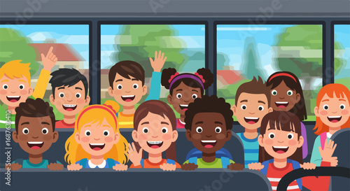 Happy children riding school bus. Joyful kids enjoy trip on yellow school bus. Smiling children having fun on school bus.