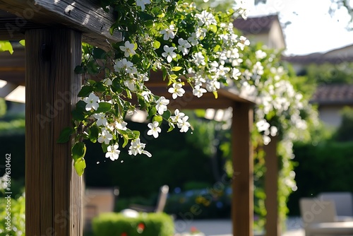 Jasmine flower vines trained along a pergola beam above an outdoor seating area, flowers catching morning dew 