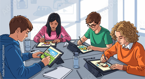 Group drawing session with four students creating digital art on tablets. Group drawing features creative kids engaged in a shared activity, enhancing collaboration and skill.