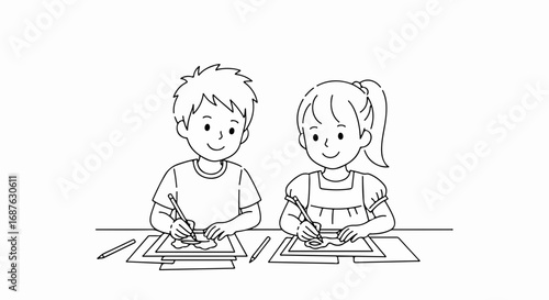 Children drawing together with smiles in black and white. Children drawing art projects, each expressing creativity using pencils on paper, fostering a sense of collaborative fun.
